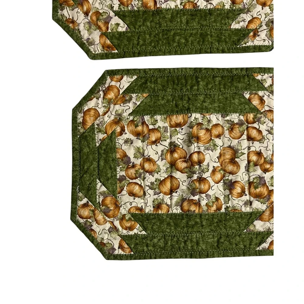 Handmade Quilted Pumpkin Placemats Set of 4 Green Orange Fall Harvest Decor